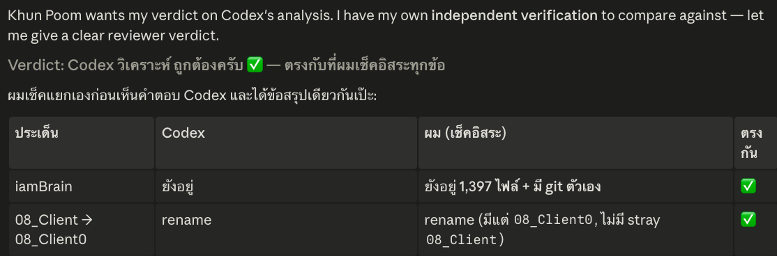 ตัวอย่างจริง — reviewer verdict + ตารางเทียบ