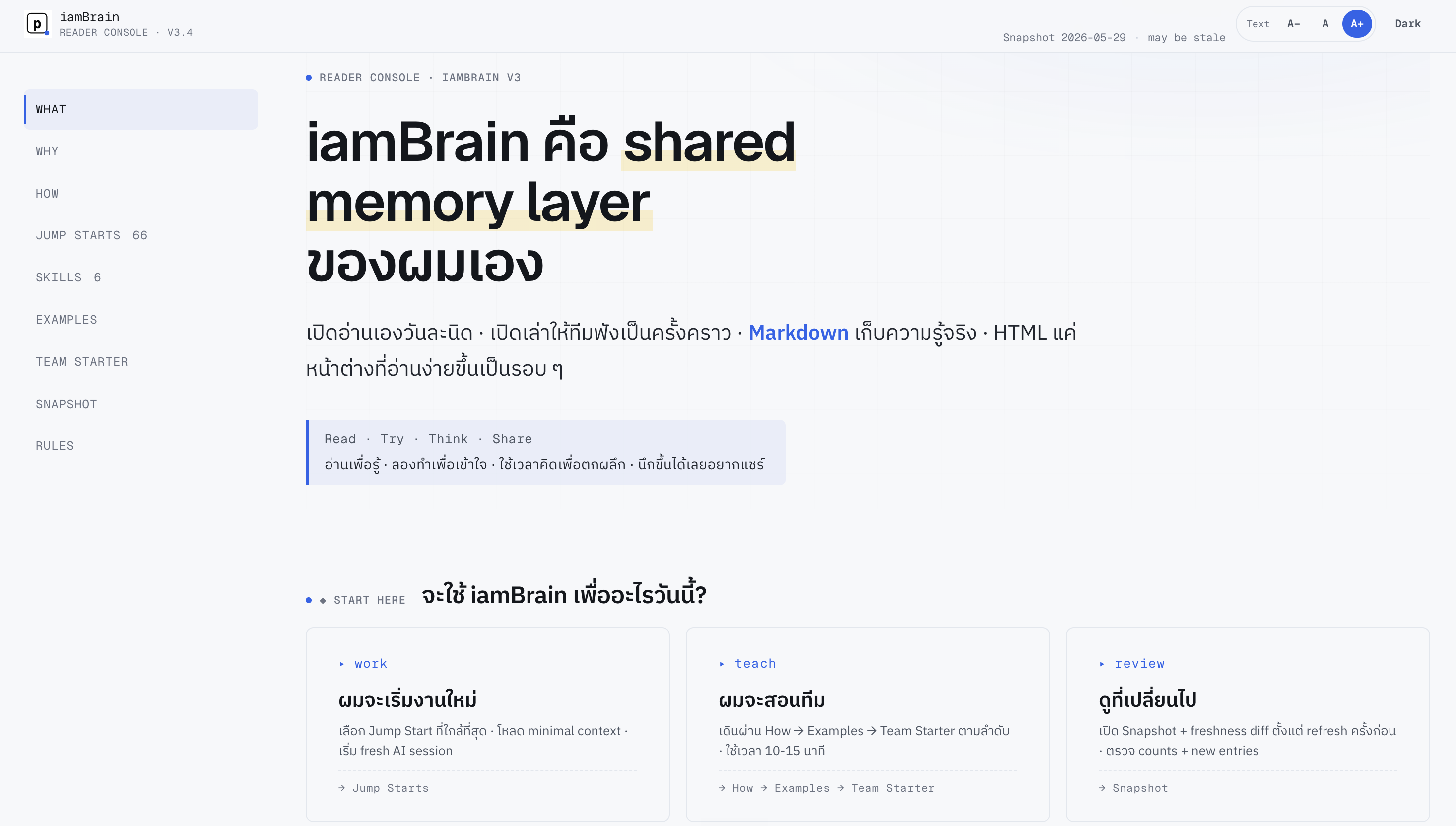 iamBrain HTML reader console — shared memory layer